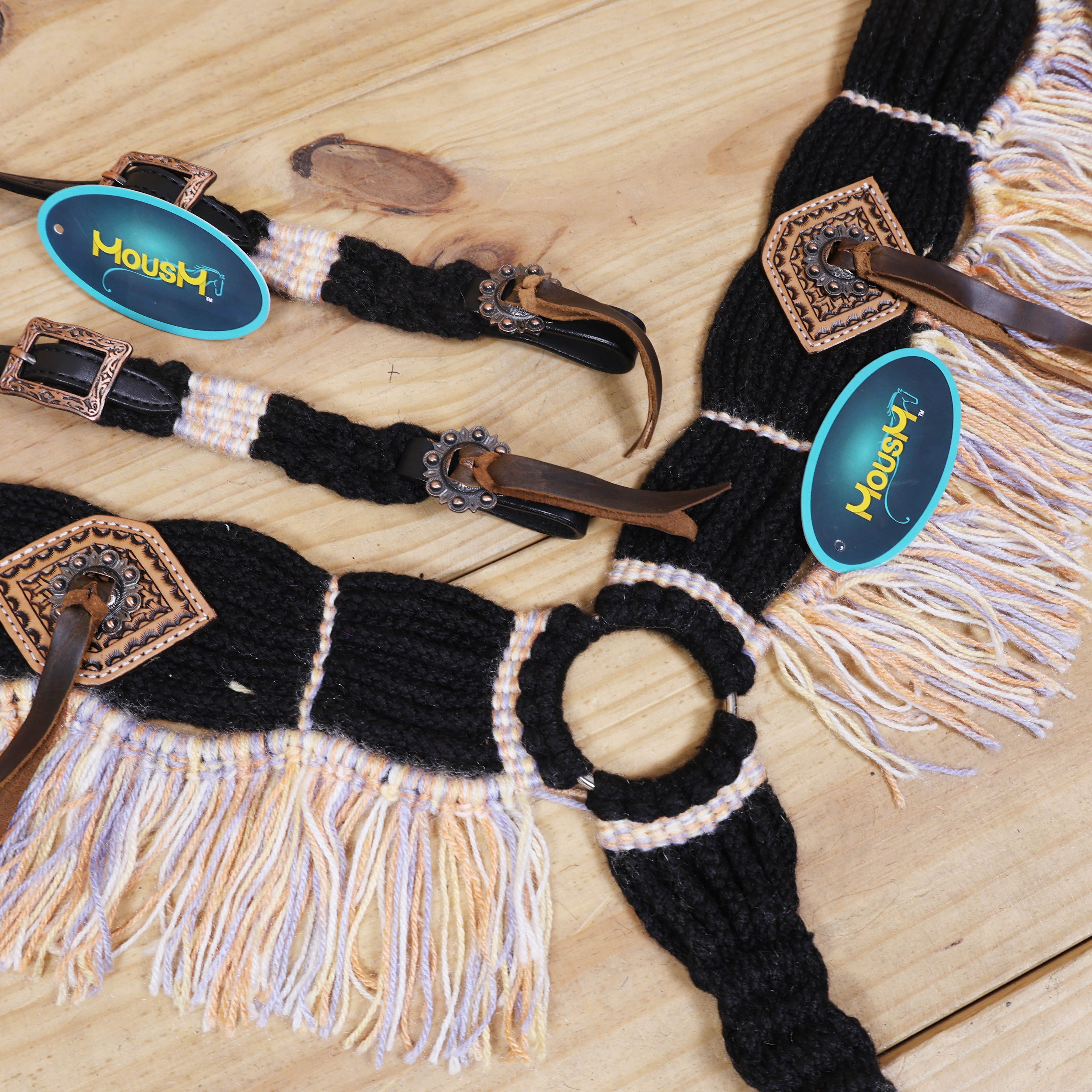 Dark Grey, Sky Blue &amp; Beige Mohair Western Headstall Set Only on Argentina Leather – Antique Copper Hardware – Handcrafted