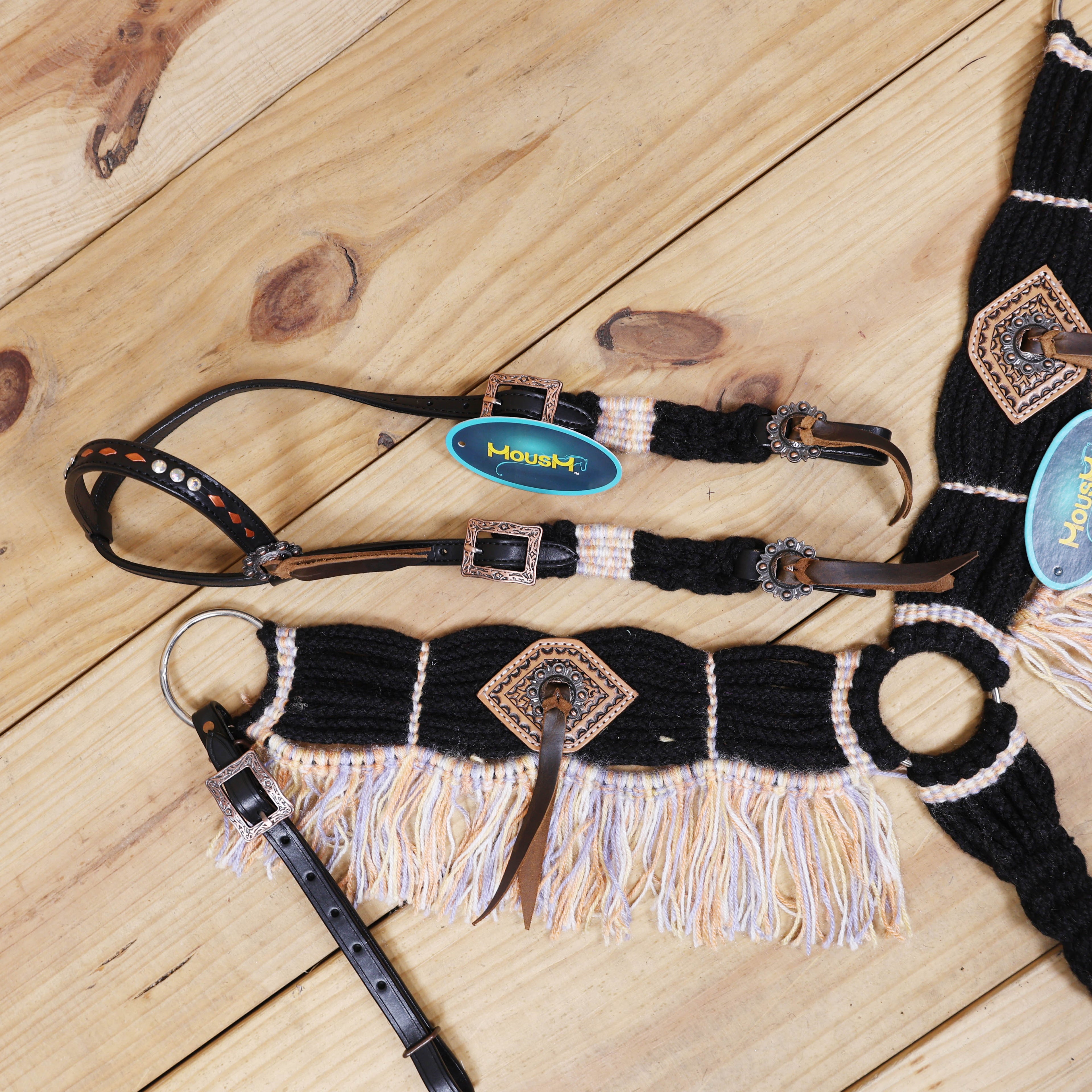 Dark Grey, Sky Blue &amp; Beige Mohair Western Headstall Set Only on Argentina Leather – Antique Copper Hardware – Handcrafted