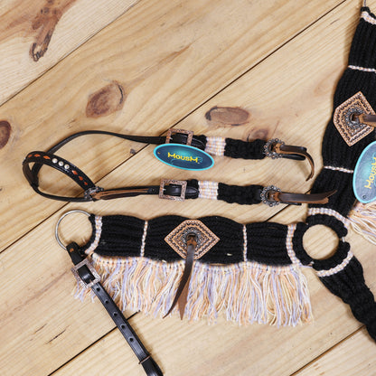 Dark Grey, Sky Blue &amp; Beige Mohair Western Headstall Set Only on Argentina Leather – Antique Copper Hardware – Handcrafted