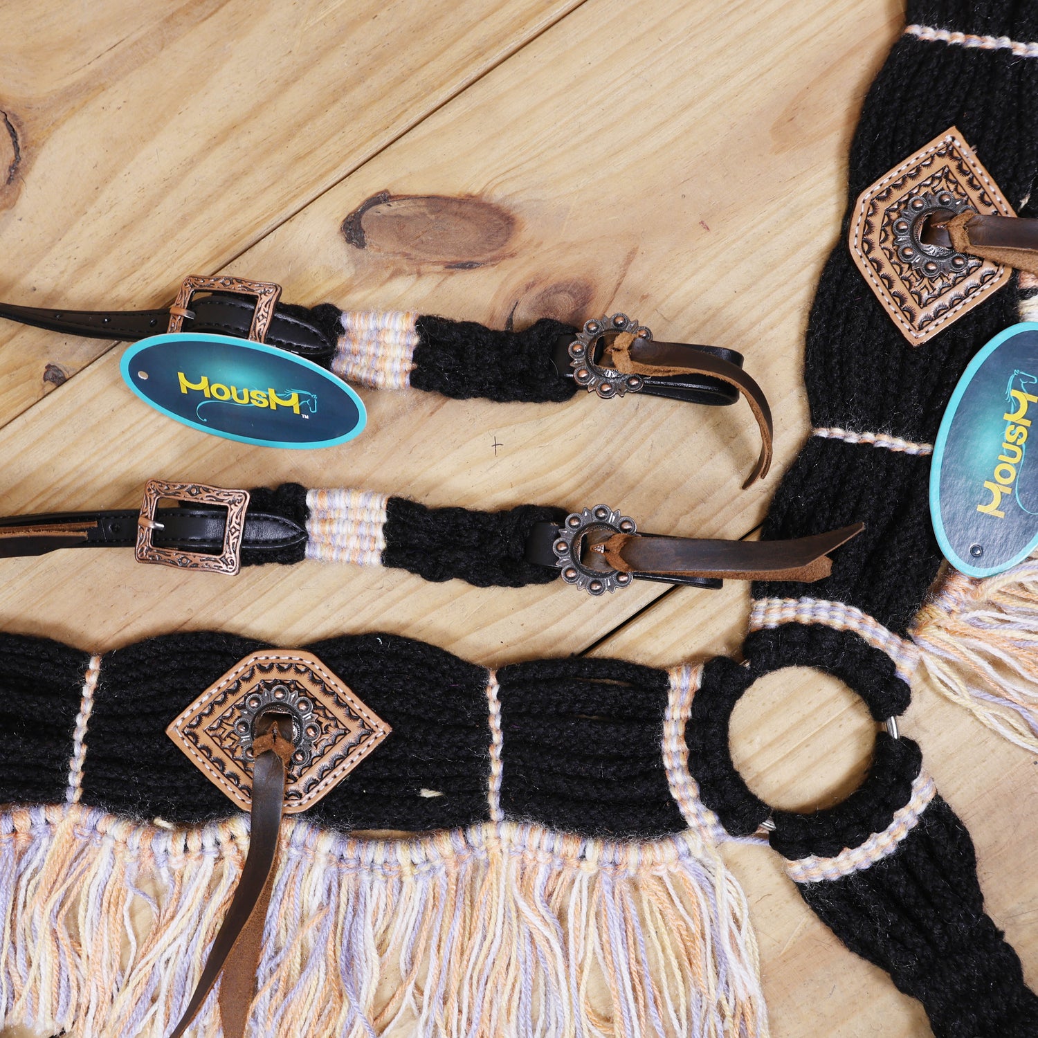 Dark Grey, Sky Blue &amp; Beige Mohair Western Headstall Set Only on Argentina Leather – Antique Copper Hardware – Handcrafted