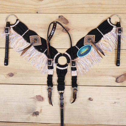 Dark Grey, Sky Blue &amp; Beige Mohair Western Headstall Set Only on Argentina Leather – Antique Copper Hardware – Handcrafted