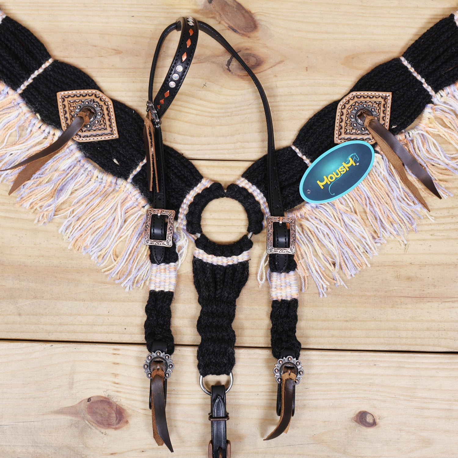 Dark Grey, Sky Blue &amp; Beige Mohair Western Headstall Set Only on Argentina Leather – Antique Copper Hardware – Handcrafted
