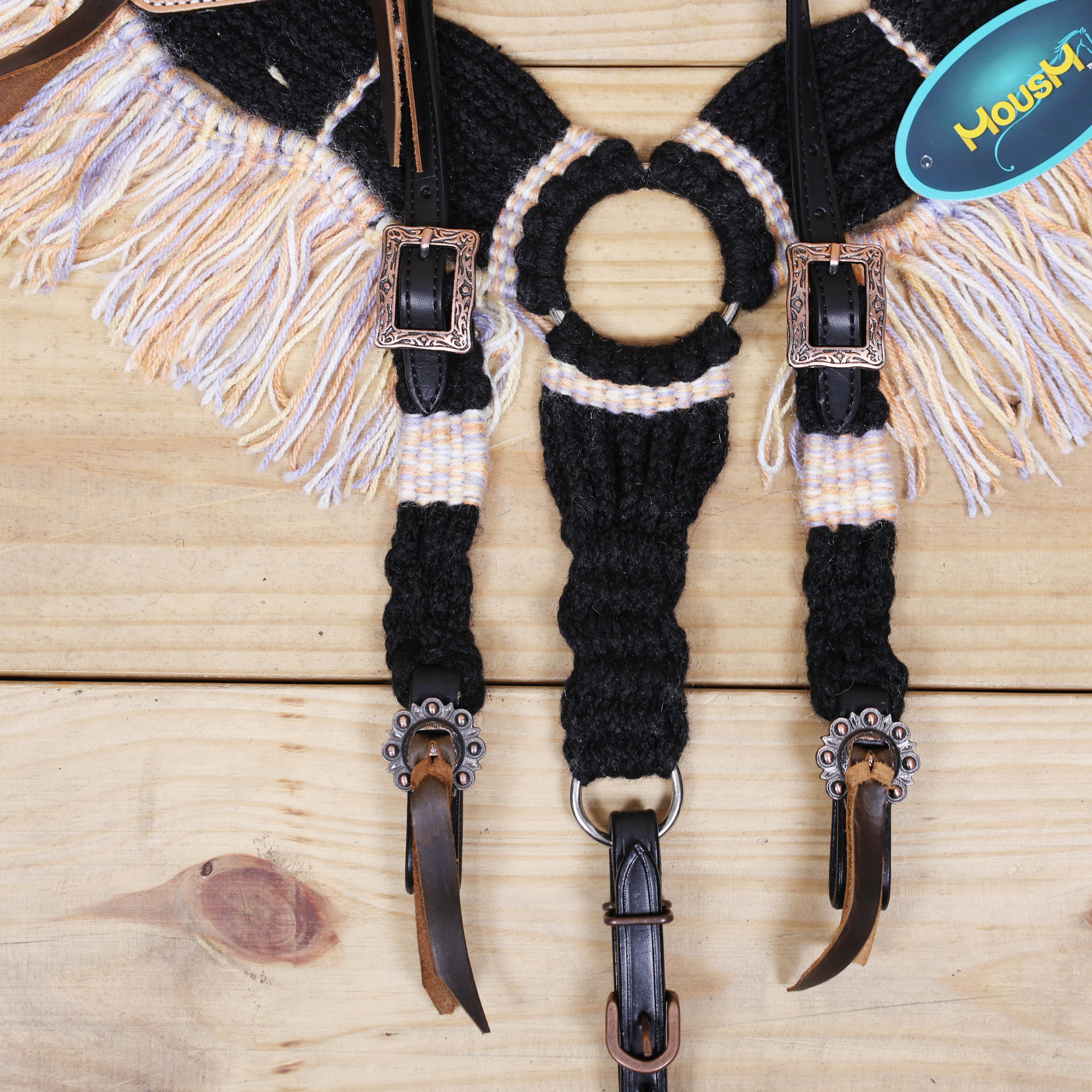 Dark Grey, Sky Blue &amp; Beige Mohair Western Headstall Set Only on Argentina Leather – Antique Copper Hardware – Handcrafted