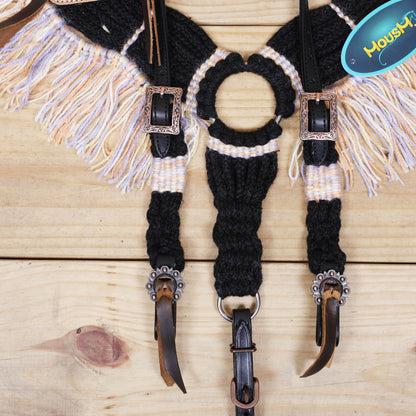 Dark Grey, Sky Blue &amp; Beige Mohair Western Headstall Set Only on Argentina Leather – Antique Copper Hardware – Handcrafted