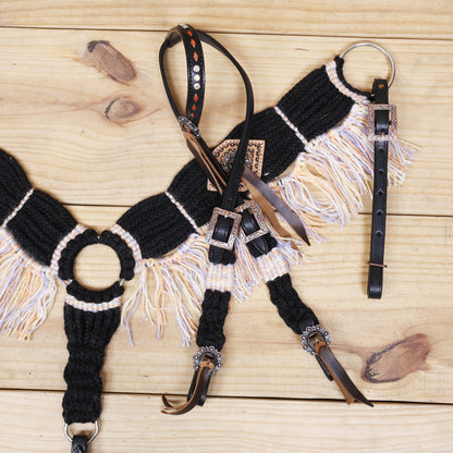 Dark Grey, Sky Blue &amp; Beige Mohair Western Headstall Set Only on Argentina Leather – Antique Copper Hardware – Handcrafted