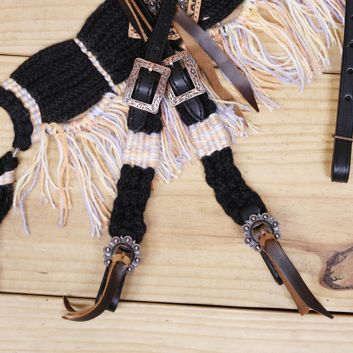 Black &amp; Beige Mohair Western One Ear Horse Tack Set
