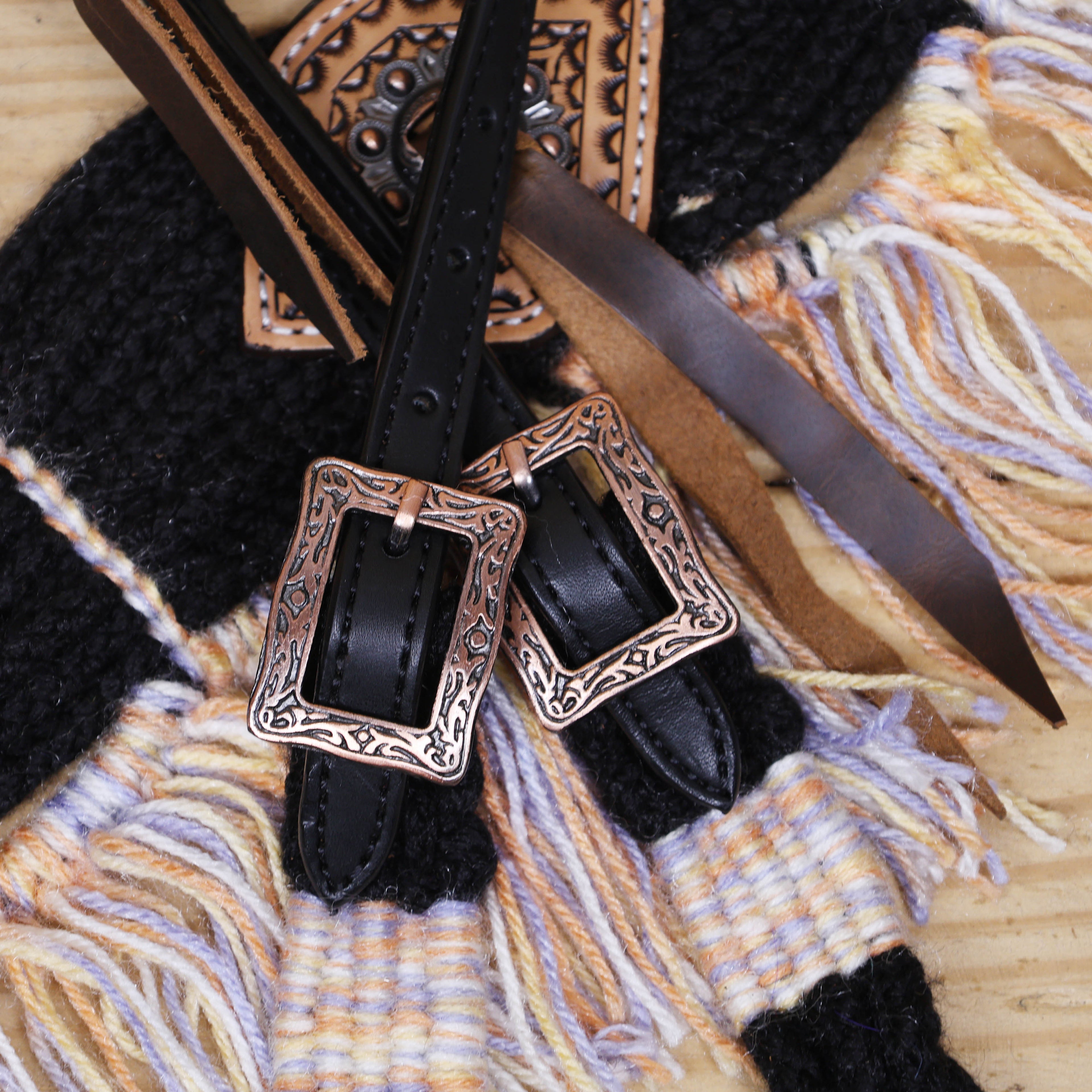 Dark Grey, Sky Blue &amp; Beige Mohair Western Headstall Set Only on Argentina Leather – Antique Copper Hardware – Handcrafted