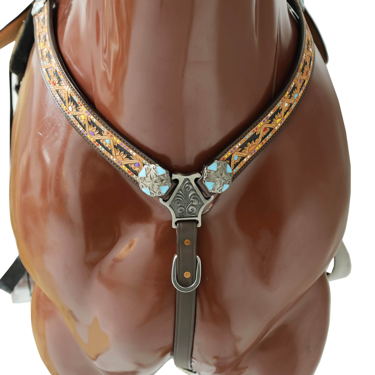 Western Leather Headstall &amp; Breast Collar Tack Set – Hand-Tooled Floral &amp; Geometric Carving with Hand Painting, Genuine Argentina Cow Leather