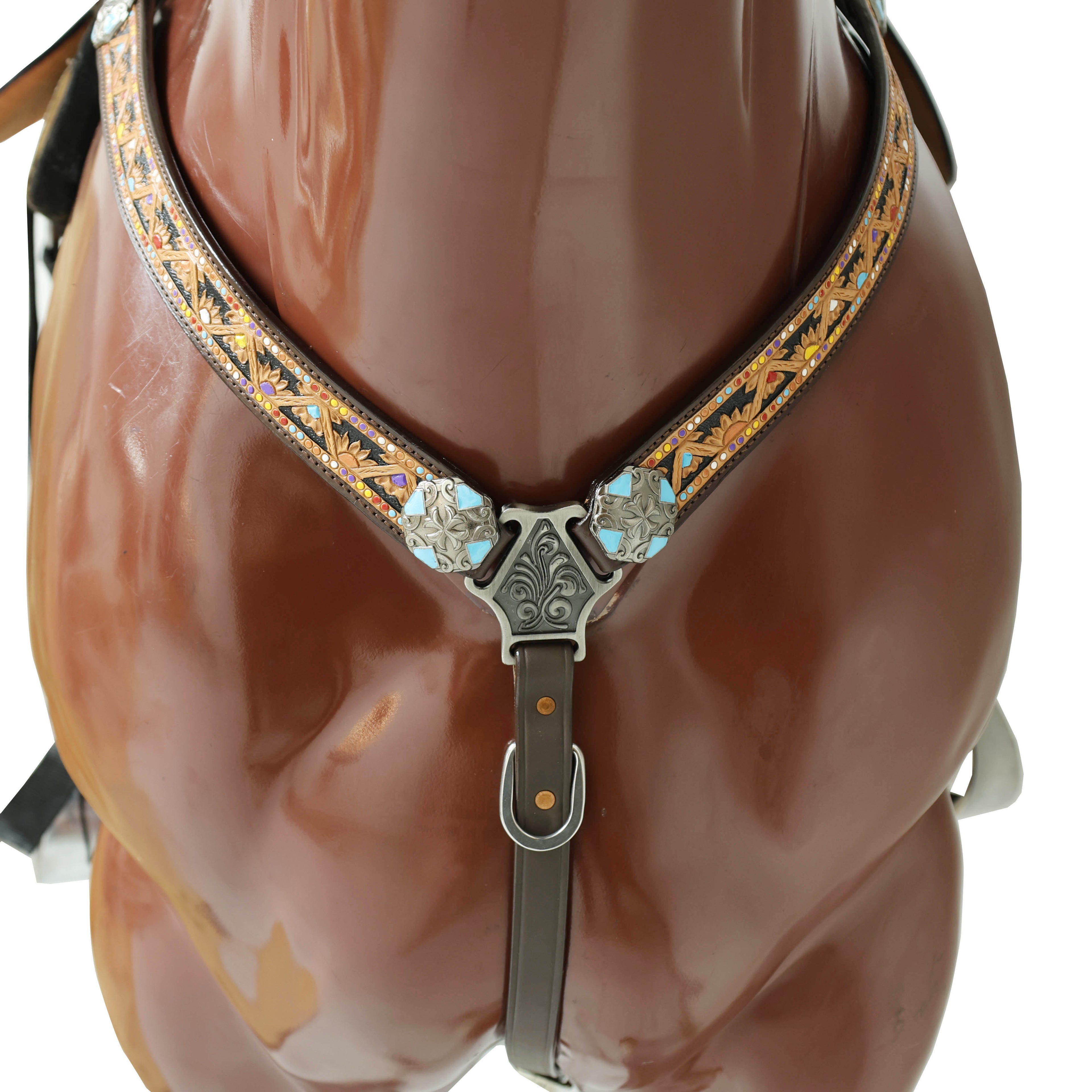 Western Leather Headstall &amp; Breast Collar Tack Set – Hand-Tooled Floral &amp; Geometric Carving with Hand Painting, Genuine Argentina Cow Leather