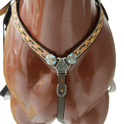 Western Leather Headstall &amp; Breast Collar Tack Set – Hand-Tooled Floral &amp; Geometric Carving with Hand Painting, Genuine Argentina Cow Leather