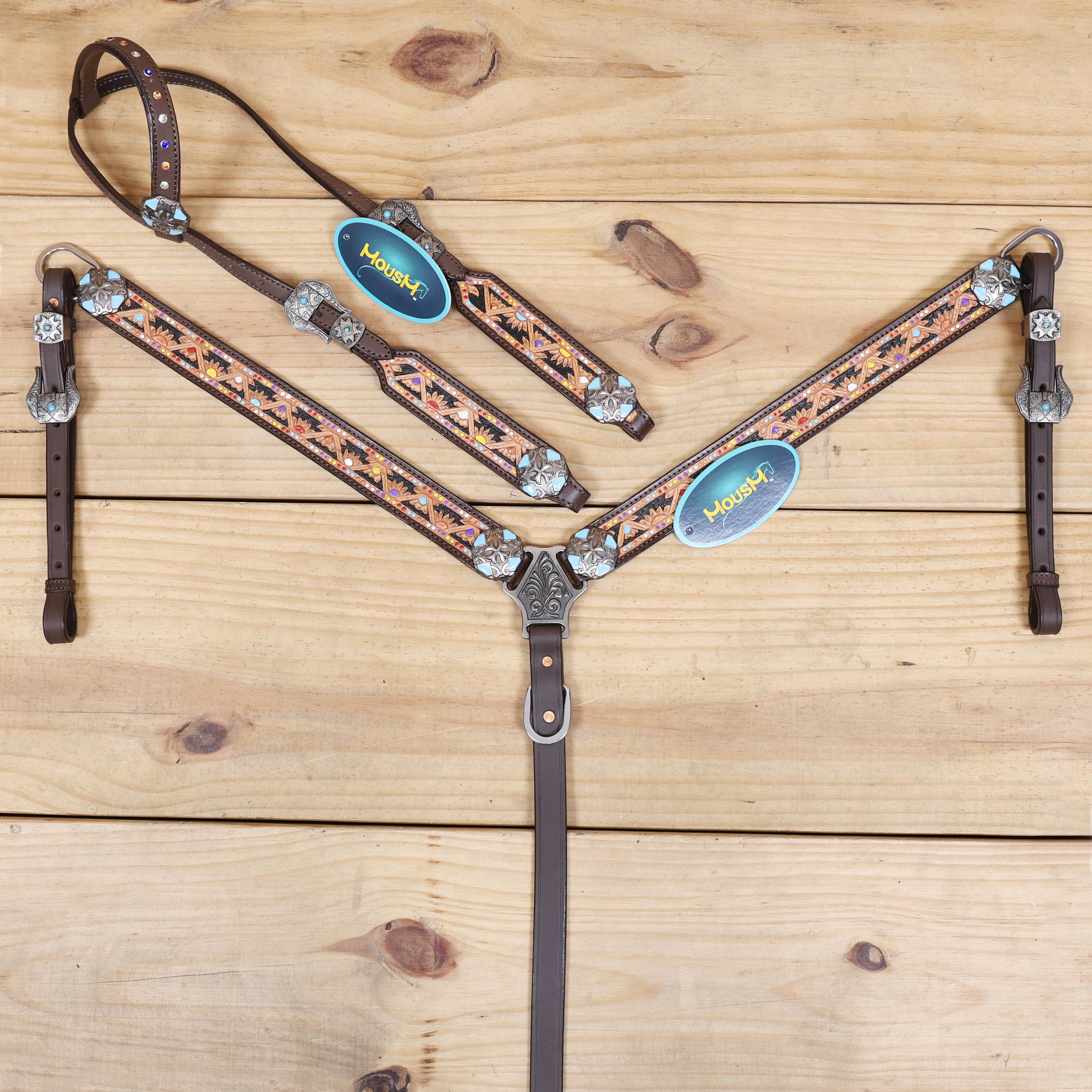 Western Leather Headstall &amp; Breast Collar Tack Set – Hand-Tooled Floral &amp; Geometric Carving with Hand Painting, Genuine Argentina Cow Leather