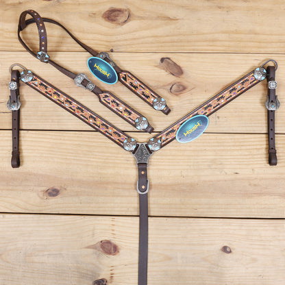 Western Leather Headstall &amp; Breast Collar Tack Set – Hand-Tooled Floral &amp; Geometric Carving with Hand Painting, Genuine Argentina Cow Leather
