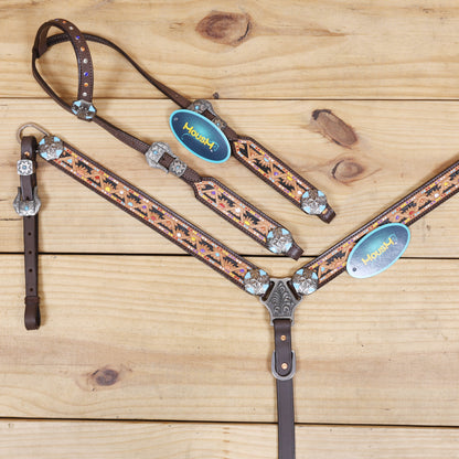 Western Leather Headstall &amp; Breast Collar Tack Set – Hand-Tooled Floral &amp; Geometric Carving with Hand Painting, Genuine Argentina Cow Leather