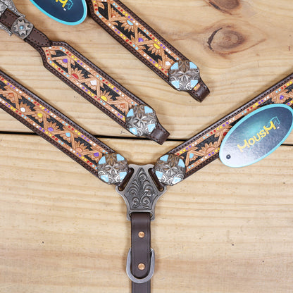 Western Leather Headstall &amp; Breast Collar Tack Set – Hand-Tooled Floral &amp; Geometric Carving with Hand Painting, Genuine Argentina Cow Leather