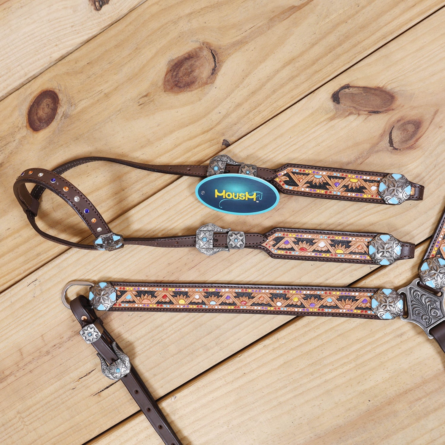 Western Leather Headstall &amp; Breast Collar Tack Set – Hand-Tooled Floral &amp; Geometric Carving with Hand Painting, Genuine Argentina Cow Leather