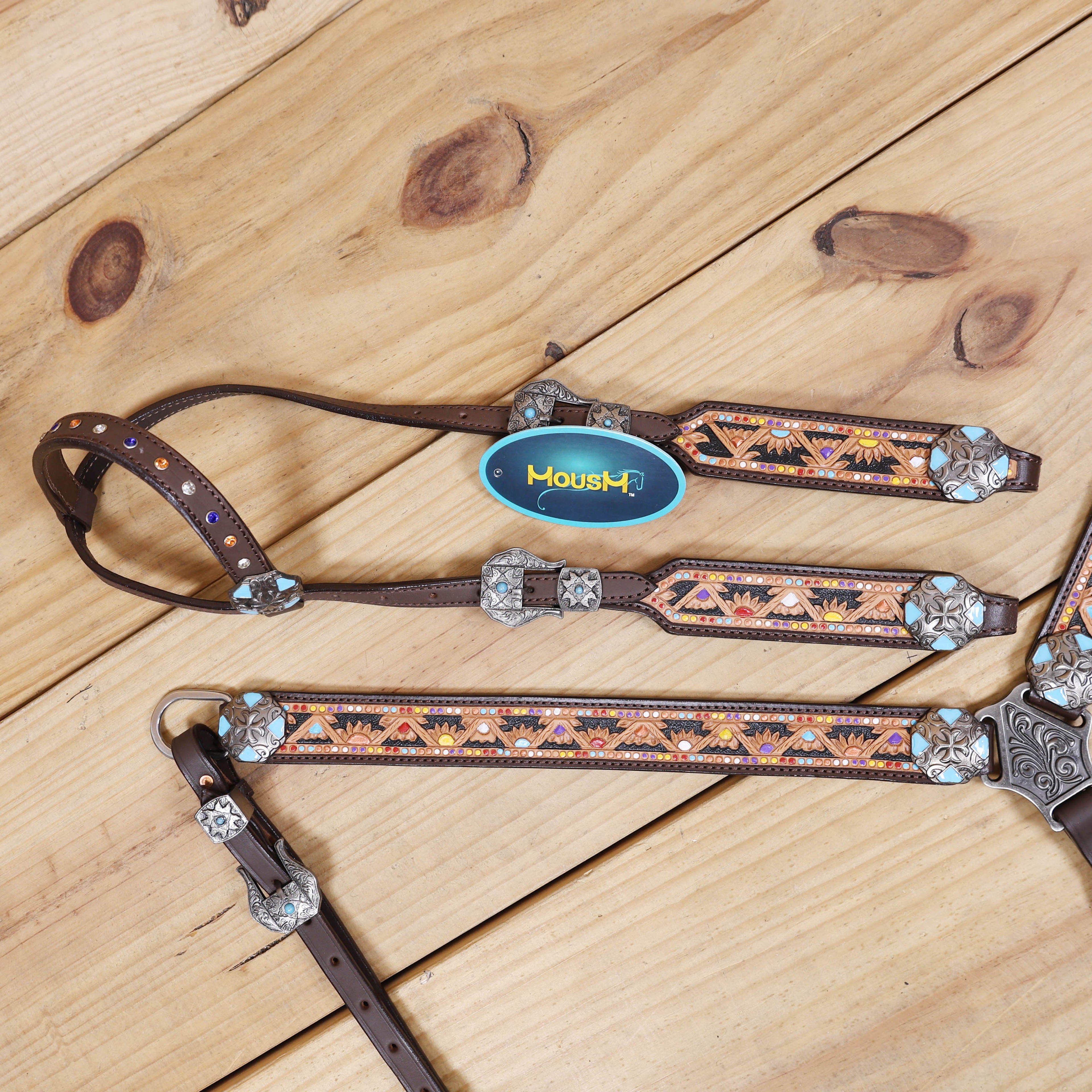 Western Leather Headstall &amp; Breast Collar Tack Set – Hand-Tooled Floral &amp; Geometric Carving with Hand Painting, Genuine Argentina Cow Leather