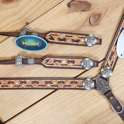 Western Leather Headstall &amp; Breast Collar Tack Set – Hand-Tooled Floral &amp; Geometric Carving with Hand Painting, Genuine Argentina Cow Leather
