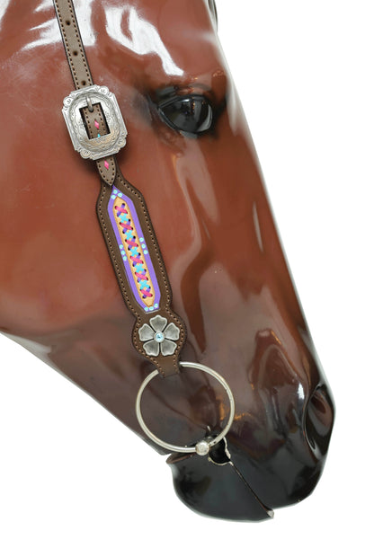 Western Leather Headstall &amp; Breast Collar Tack Set – Floral Conchos, Teal Pink Purple Criss-Cross Rawhide Braiding