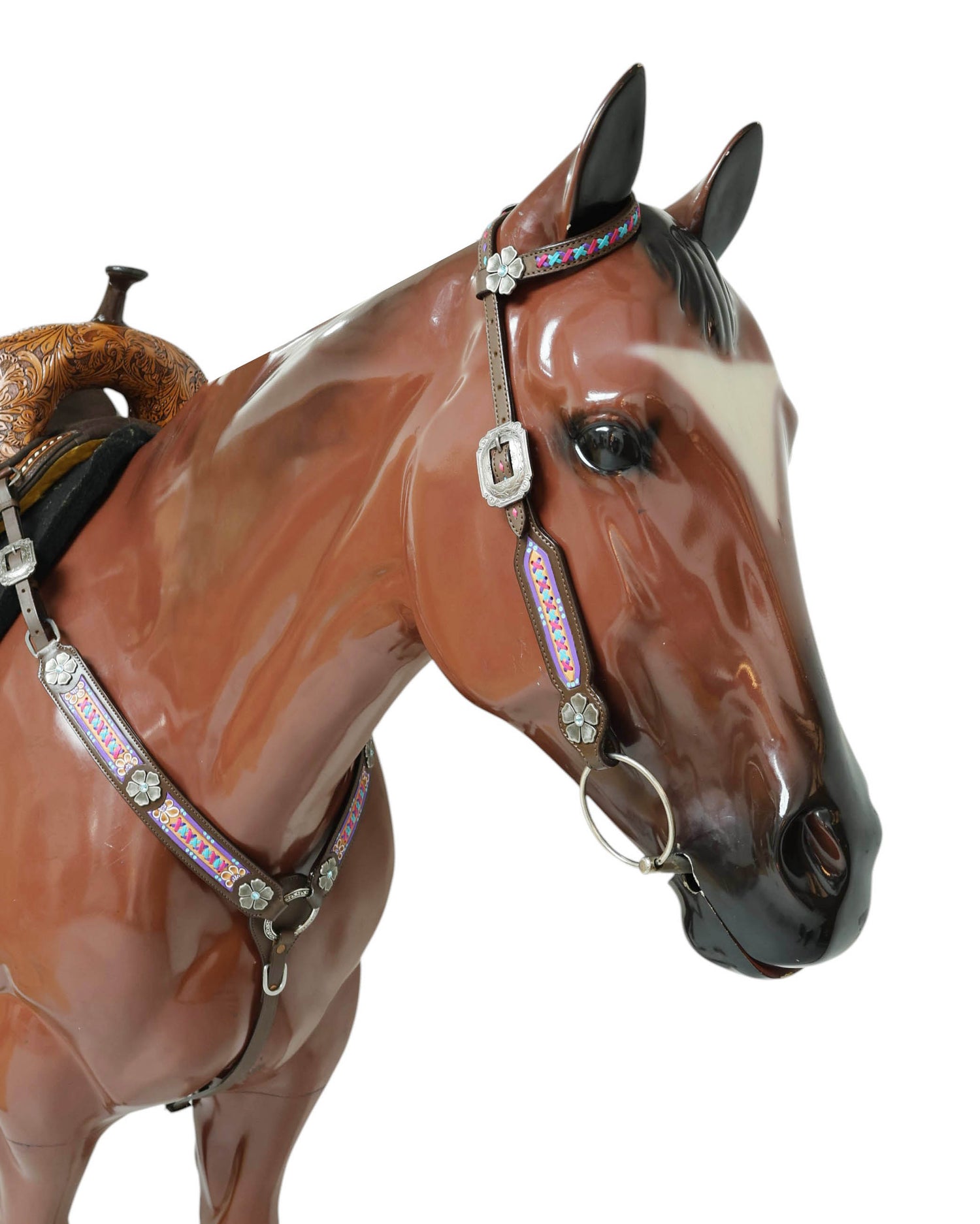 Western Leather Headstall &amp; Breast Collar Tack Set – Floral Conchos, Teal Pink Purple Criss-Cross Rawhide Braiding
