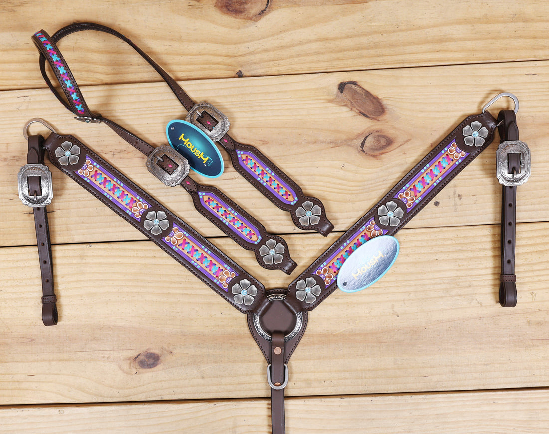 Western Leather Headstall &amp; Breast Collar Tack Set – Floral Conchos, Teal Pink Purple Criss-Cross Rawhide Braiding