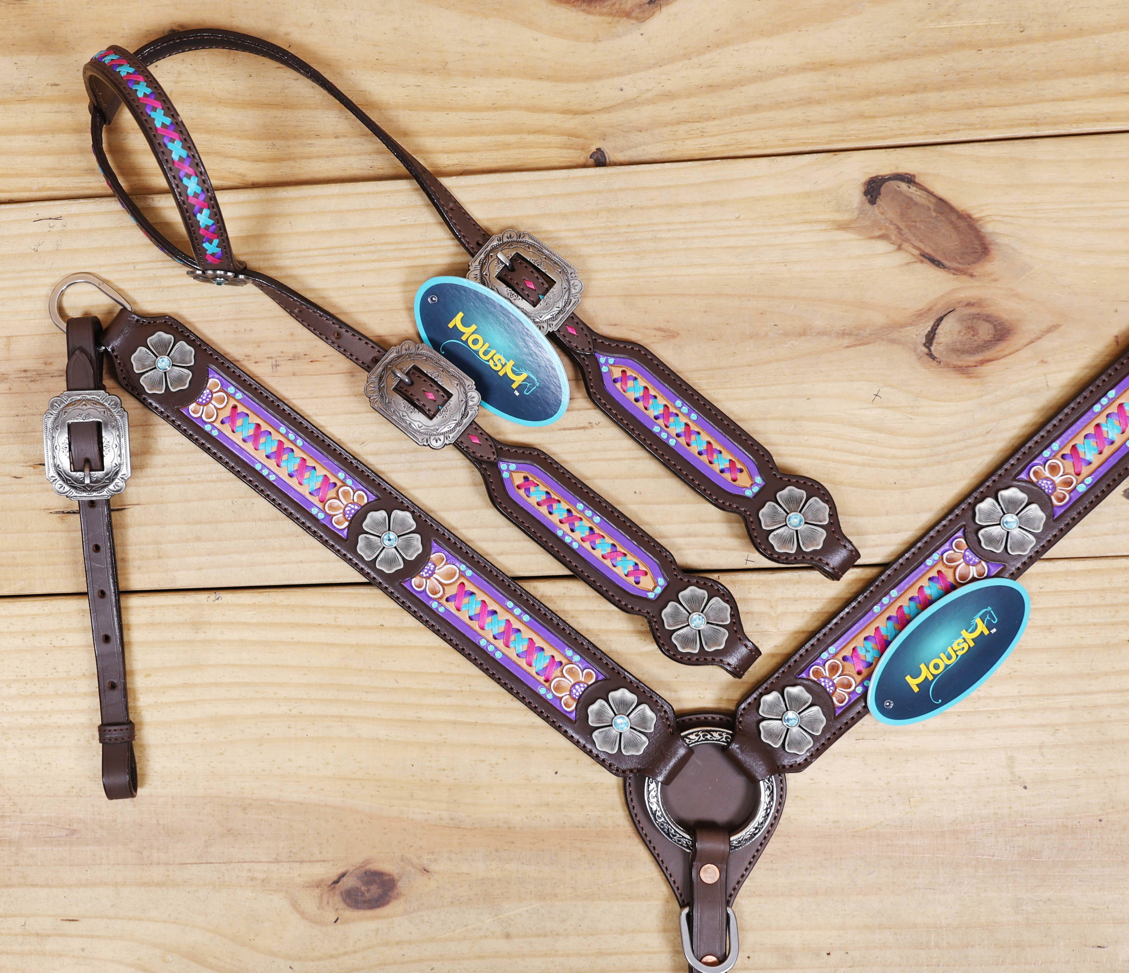 Western Leather Headstall &amp; Breast Collar Tack Set – Floral Conchos, Teal Pink Purple Criss-Cross Rawhide Braiding