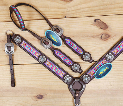 Western Leather Headstall &amp; Breast Collar Tack Set – Floral Conchos, Teal Pink Purple Criss-Cross Rawhide Braiding