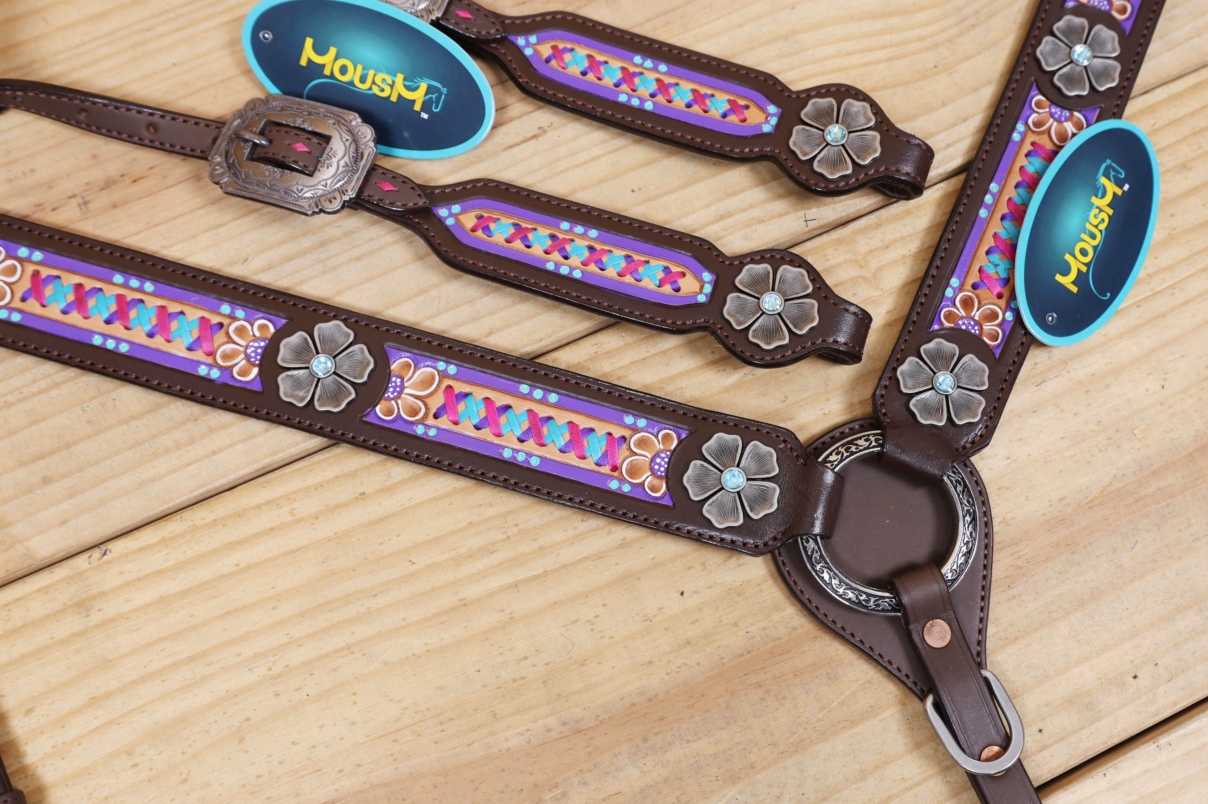 Western Leather Headstall &amp; Breast Collar Tack Set – Floral Conchos, Teal Pink Purple Criss-Cross Rawhide Braiding