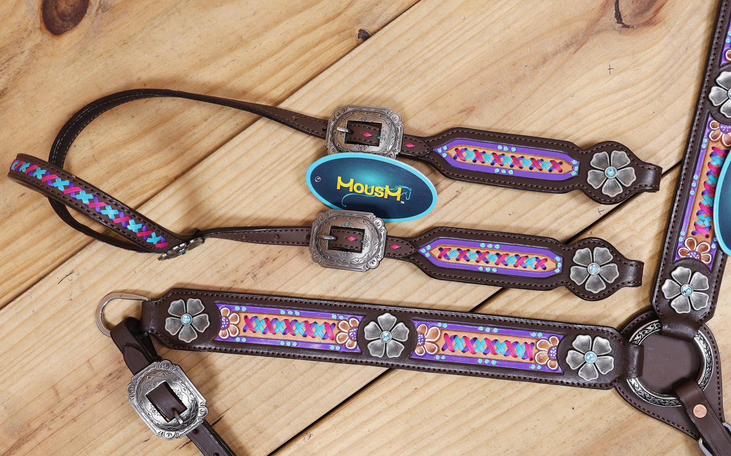 Western Leather Headstall &amp; Breast Collar Tack Set – Floral Conchos, Teal Pink Purple Criss-Cross Rawhide Braiding