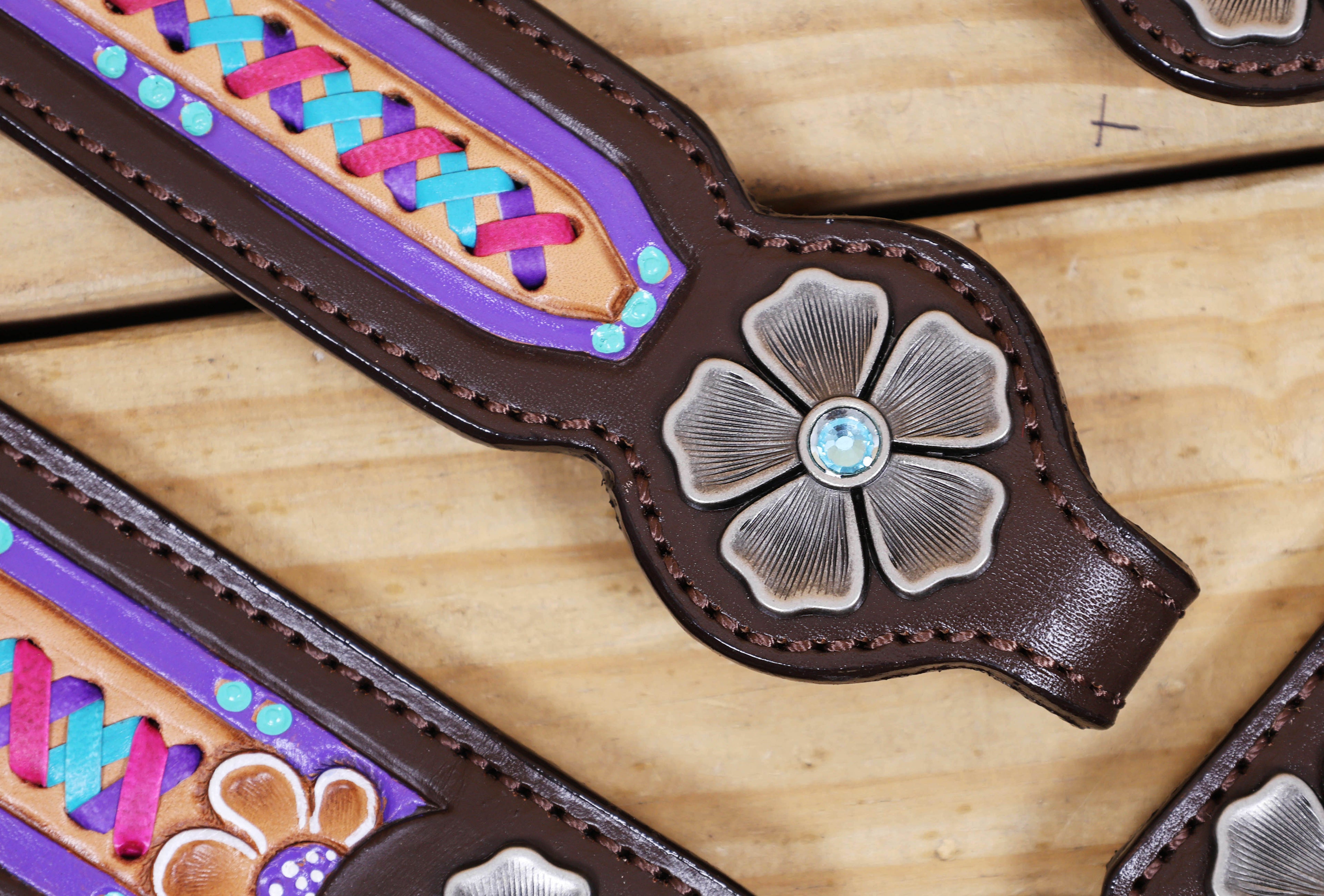 Western Leather Headstall &amp; Breast Collar Tack Set – Floral Conchos, Teal Pink Purple Criss-Cross Rawhide Braiding