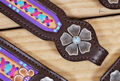 Western Leather Headstall &amp; Breast Collar Tack Set – Floral Conchos, Teal Pink Purple Criss-Cross Rawhide Braiding