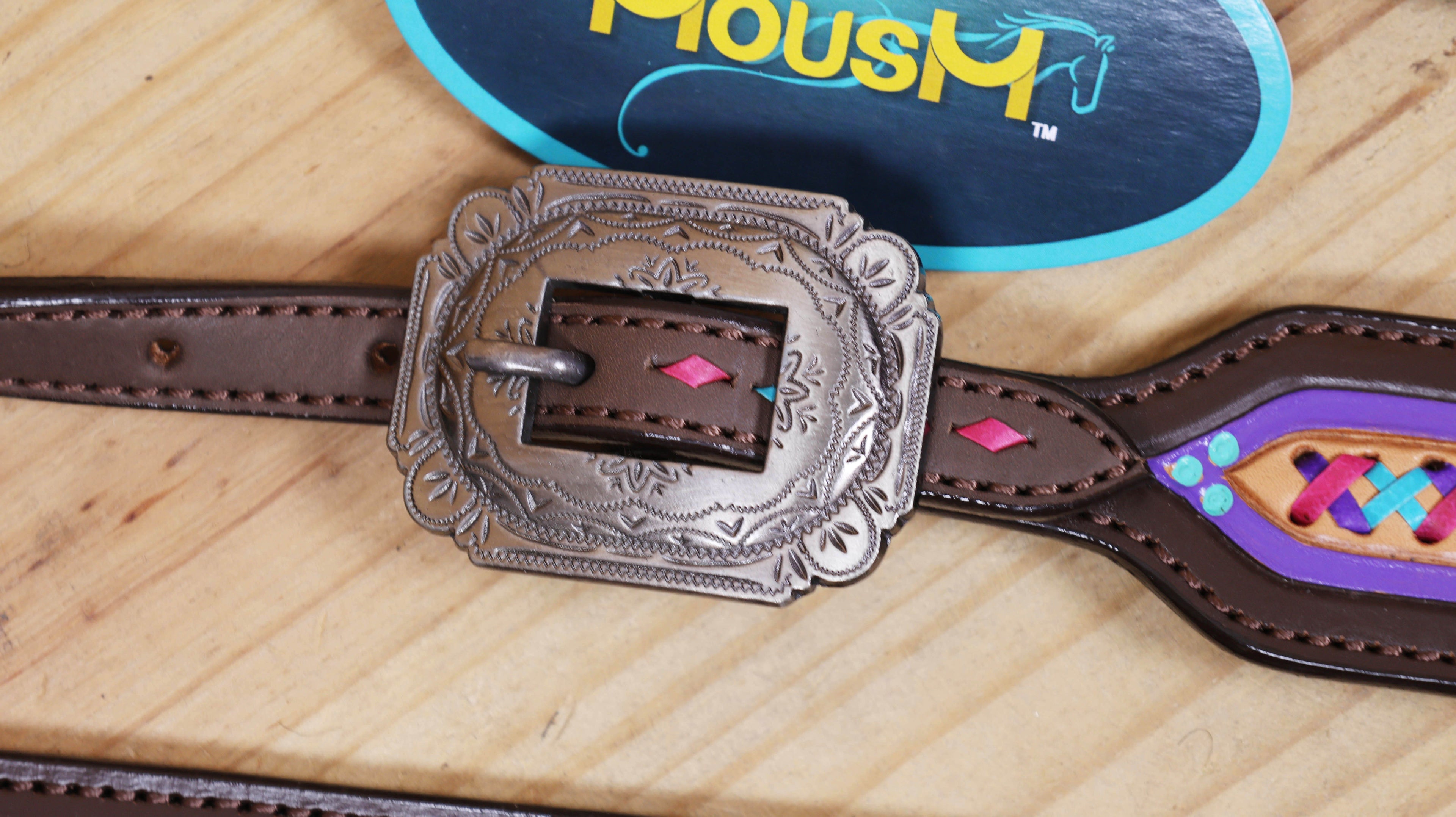 Western Leather Headstall &amp; Breast Collar Tack Set – Floral Conchos, Teal Pink Purple Criss-Cross Rawhide Braiding