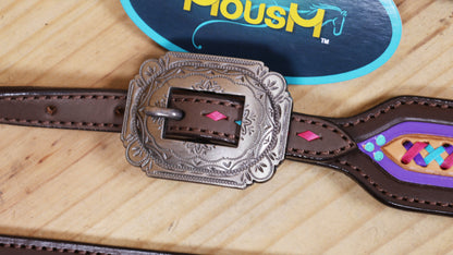 Western Leather Headstall &amp; Breast Collar Tack Set – Floral Conchos, Teal Pink Purple Criss-Cross Rawhide Braiding