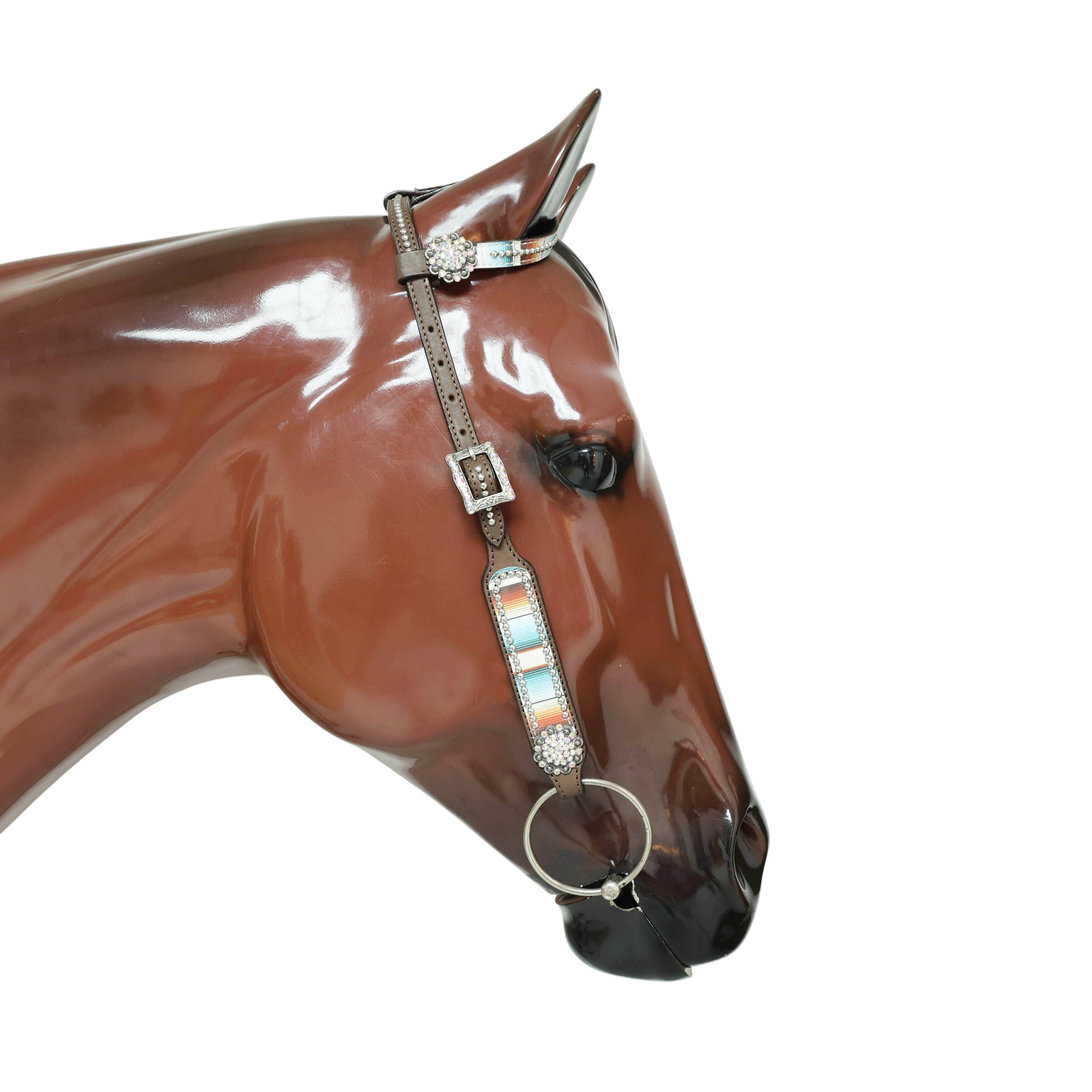 Western Leather Headstall &amp; Breast Collar Tack Set – Serape Print, Silver Studs, Bling Conchos, Long White Fringe, Genuine Argentina Cow Leather, Antique Nickel Hardware – Full Horse