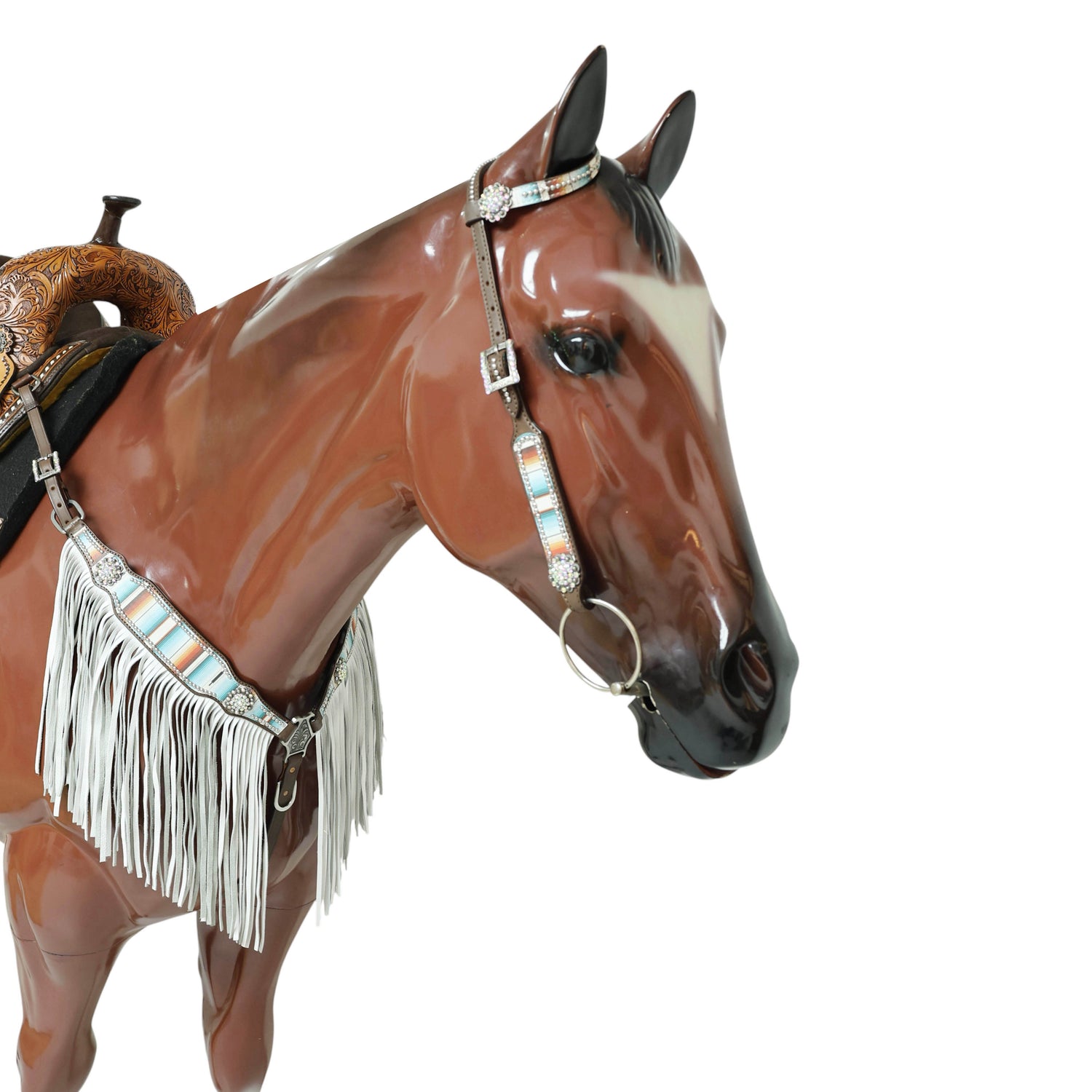 Western Leather Headstall &amp; Breast Collar Tack Set – Serape Print, Silver Studs, Bling Conchos, Long White Fringe, Genuine Argentina Cow Leather, Antique Nickel Hardware – Full Horse