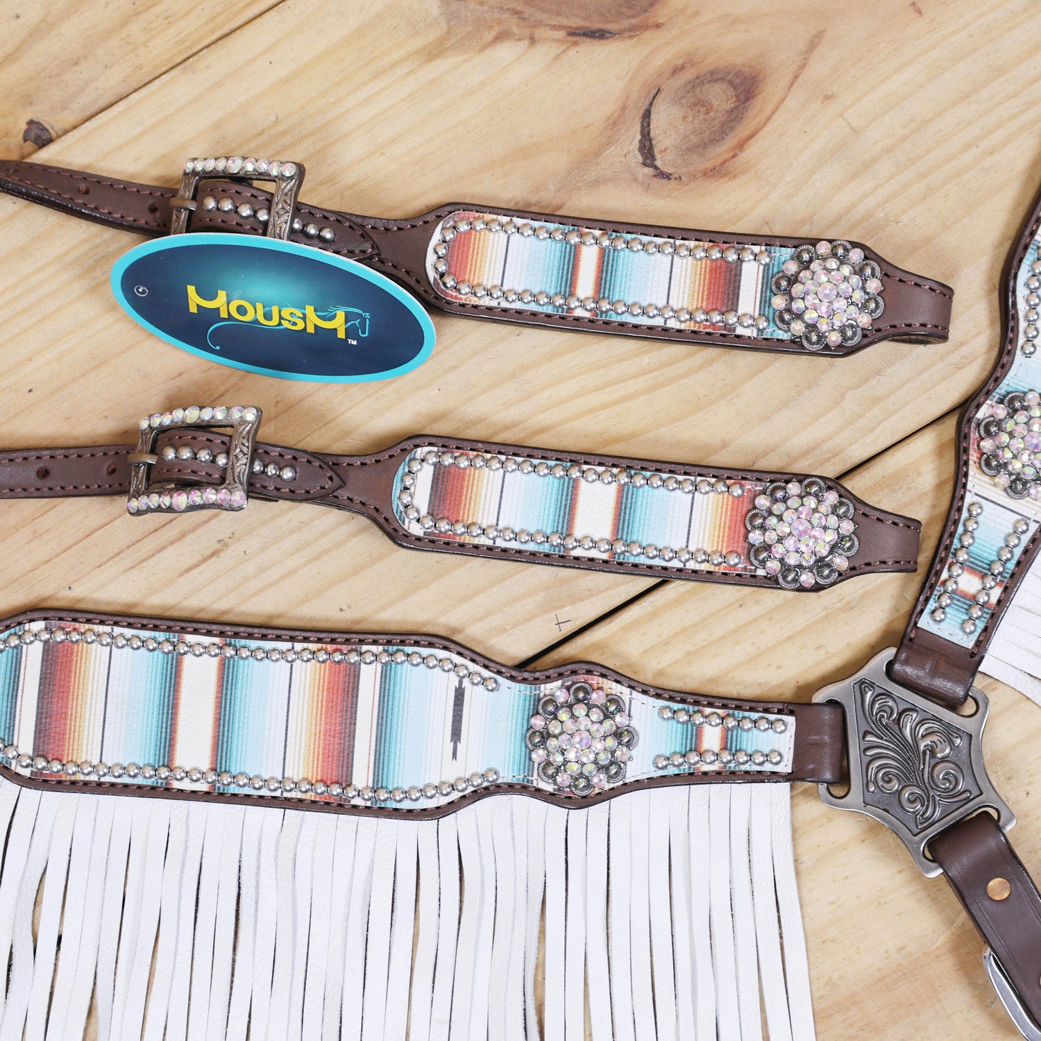 Western Leather Headstall &amp; Breast Collar Tack Set – Serape Print, Silver Studs, Bling Conchos, Long White Fringe, Genuine Argentina Cow Leather, Antique Nickel Hardware – Full Horse