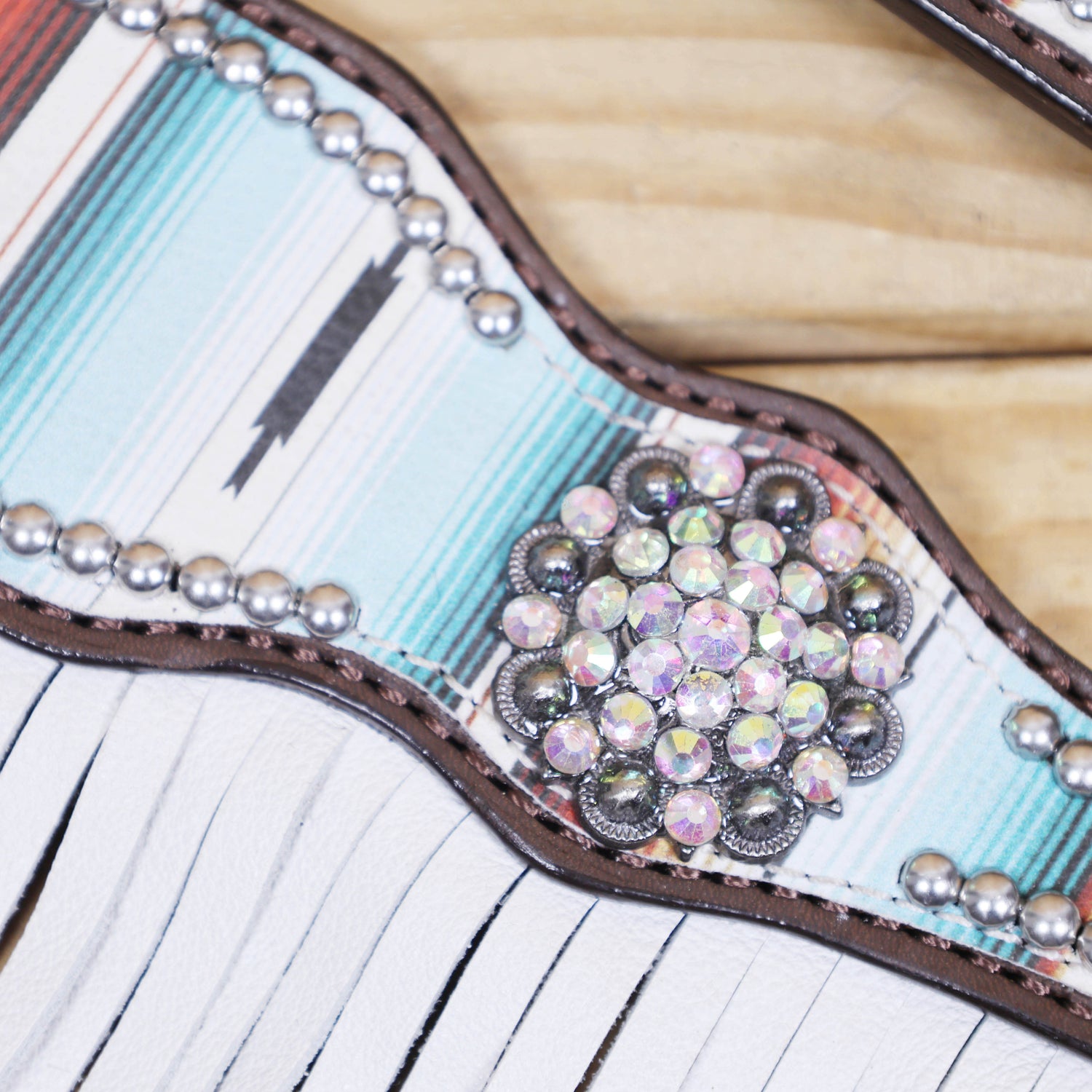 Western Leather Headstall &amp; Breast Collar Tack Set – Serape Print, Silver Studs, Bling Conchos, Long White Fringe, Genuine Argentina Cow Leather, Antique Nickel Hardware – Full Horse