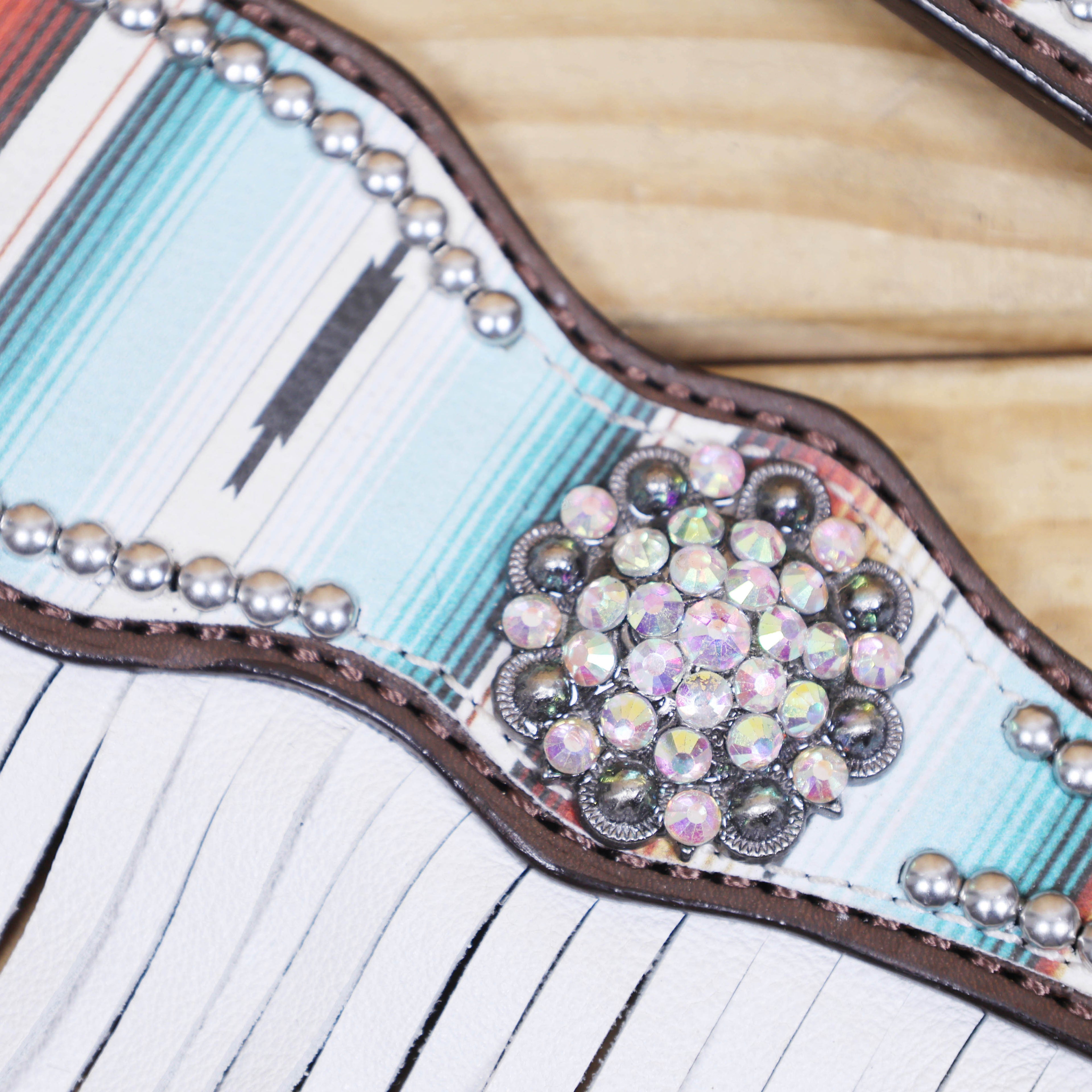 Western Leather Headstall &amp; Breast Collar Tack Set – Serape Print, Silver Studs, Bling Conchos, Long White Fringe, Genuine Argentina Cow Leather, Antique Nickel Hardware – Full Horse