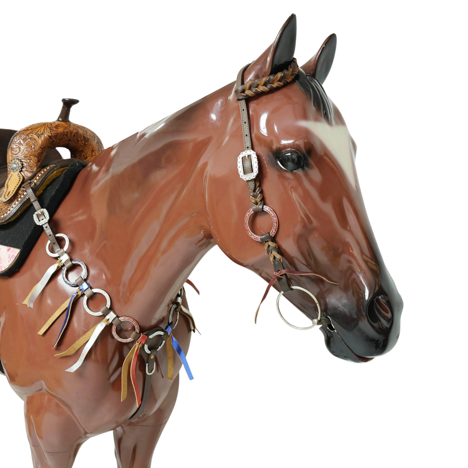 Western Leather One Ear Headstall &amp; Breast Collar Tack Set – Red, Royal Blue &amp; White Hand-Painted Engraved Rings, Fringe &amp; Twisted Braiding, Argentina Cow Leather, Antique Nickel Hardware – Full Horse