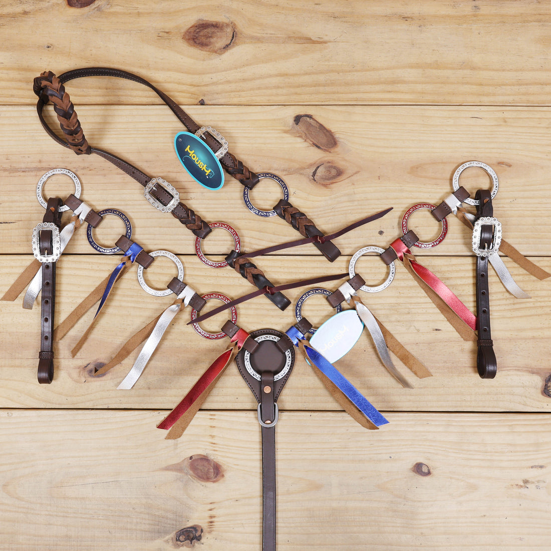 Western Leather One Ear Headstall &amp; Breast Collar Tack Set – Red, Royal Blue &amp; White Hand-Painted Engraved Rings, Fringe &amp; Twisted Braiding, Argentina Cow Leather, Antique Nickel Hardware – Full Horse