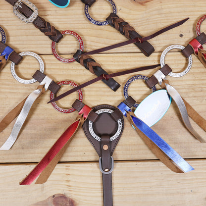 Western Leather One Ear Headstall &amp; Breast Collar Tack Set – Red, Royal Blue &amp; White Hand-Painted Engraved Rings, Fringe &amp; Twisted Braiding, Argentina Cow Leather, Antique Nickel Hardware – Full Horse