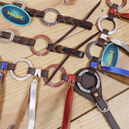 Western Leather One Ear Headstall &amp; Breast Collar Tack Set – Red, Royal Blue &amp; White Hand-Painted Engraved Rings, Fringe &amp; Twisted Braiding, Argentina Cow Leather, Antique Nickel Hardware – Full Horse