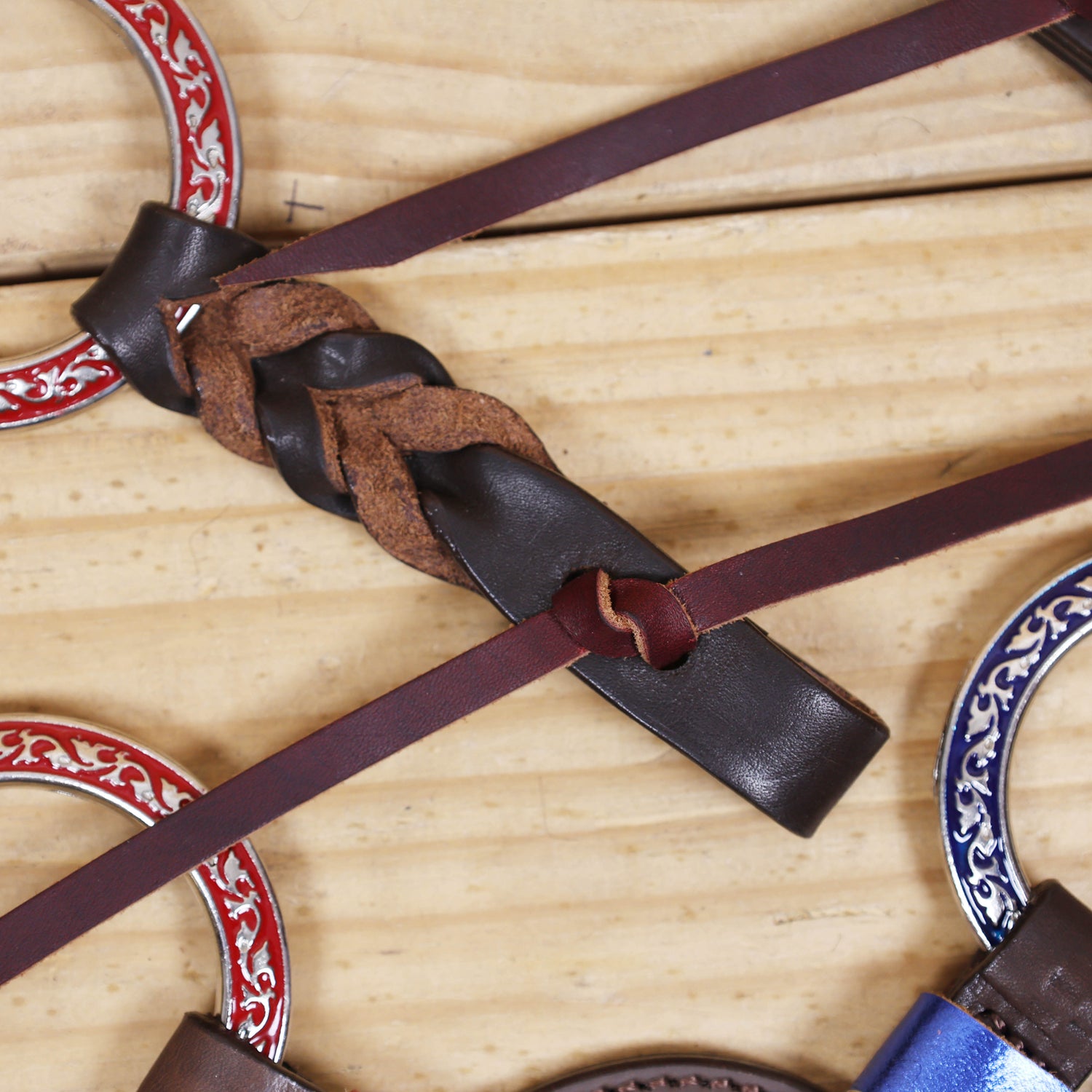 Western Leather One Ear Headstall &amp; Breast Collar Tack Set – Red, Royal Blue &amp; White Hand-Painted Engraved Rings, Fringe &amp; Twisted Braiding, Argentina Cow Leather, Antique Nickel Hardware – Full Horse