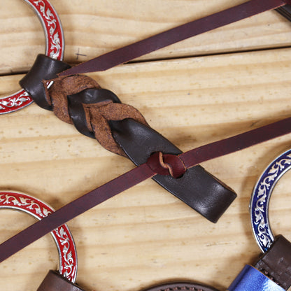 Western Leather One Ear Headstall &amp; Breast Collar Tack Set – Red, Royal Blue &amp; White Hand-Painted Engraved Rings, Fringe &amp; Twisted Braiding, Argentina Cow Leather, Antique Nickel Hardware – Full Horse