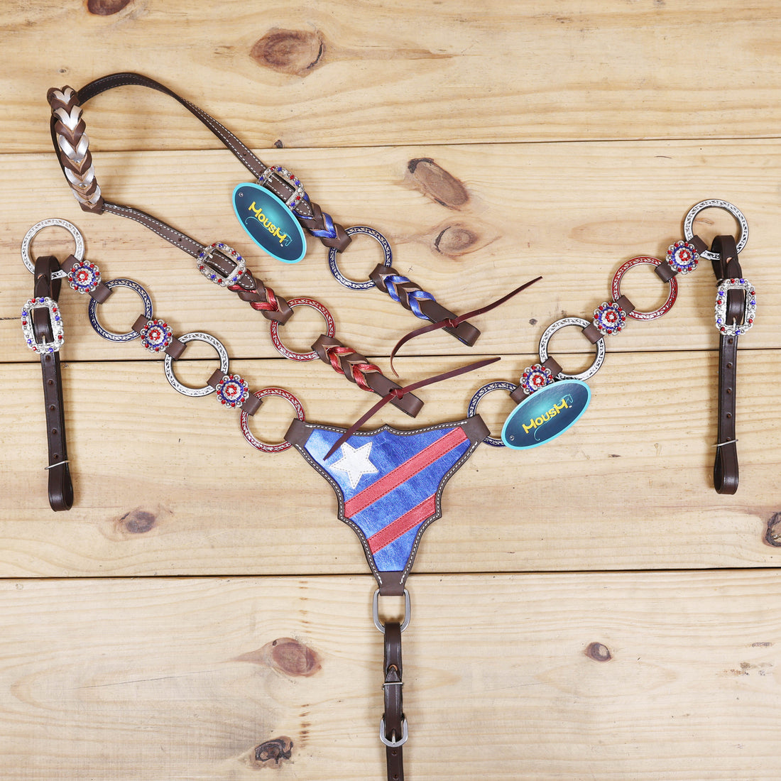 Western Leather One Ear Headstall &amp; Breast Collar Tack Set – Red, Royal Blue &amp; White Ring Flag Design, Criss-Cross Braiding, Genuine Argentina Cow Leather, Antique Nickel Hardware – Full Horse