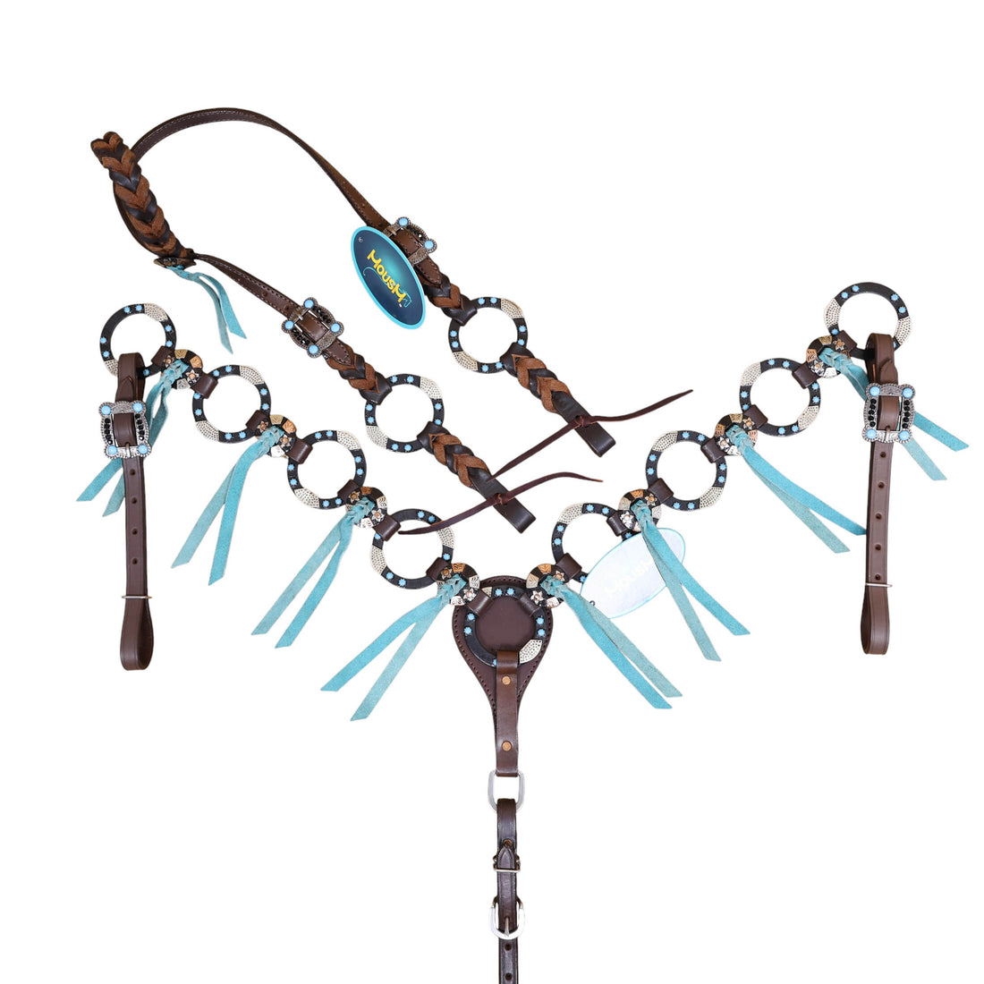 Western Handmade Headstall &amp; Breast Collar Tack Set – 2-Tone Rings with Sky Blue Stones, Antique Slot Conchos, Turquoise Laces, Genuine Argentina Cow Leather – Full Horse