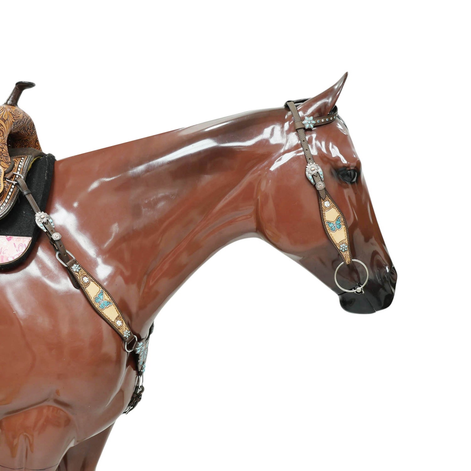 Handmade Western Leather Complete Tack Set – Teal Butterfly Hand Painted, Antique Carved Finish, Turquoise Flower Concho, Genuine Argentina Cow Leather – Full Horse