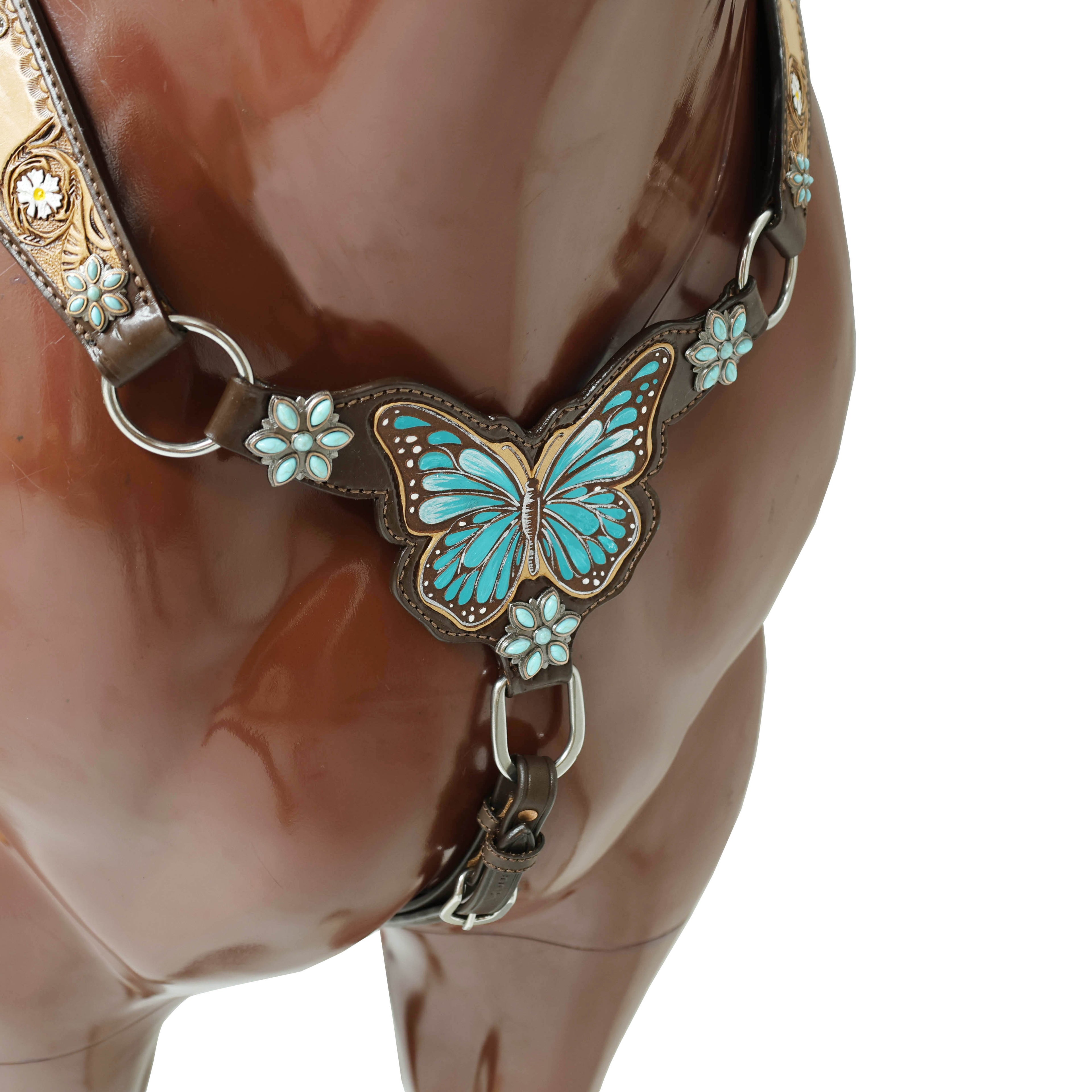 Handmade Western Leather Complete Tack Set – Teal Butterfly Hand Painted, Antique Carved Finish, Turquoise Flower Concho, Genuine Argentina Cow Leather – Full Horse