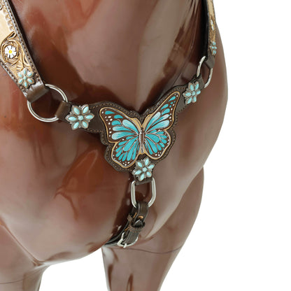 Handmade Western Leather Complete Tack Set – Teal Butterfly Hand Painted, Antique Carved Finish, Turquoise Flower Concho, Genuine Argentina Cow Leather – Full Horse