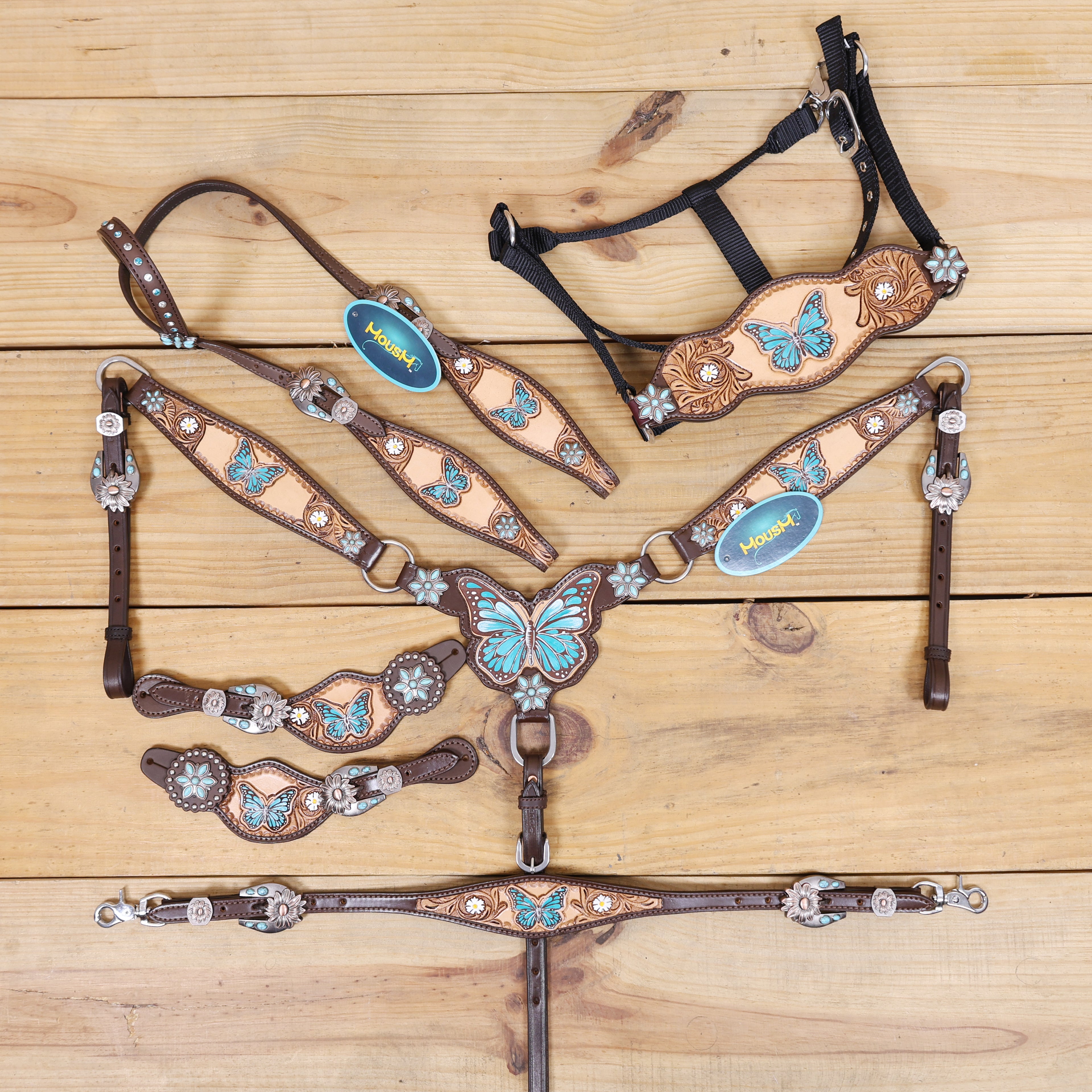 Handmade Western Leather Complete Tack Set – Teal Butterfly Hand Painted, Antique Carved Finish, Turquoise Flower Concho, Genuine Argentina Cow Leather – Full Horse