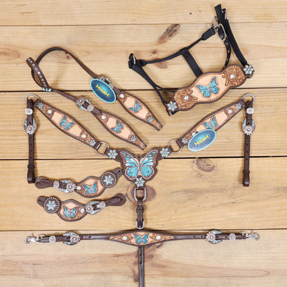 Handmade Western Leather Complete Tack Set – Teal Butterfly Hand Painted, Antique Carved Finish, Turquoise Flower Concho, Genuine Argentina Cow Leather – Full Horse